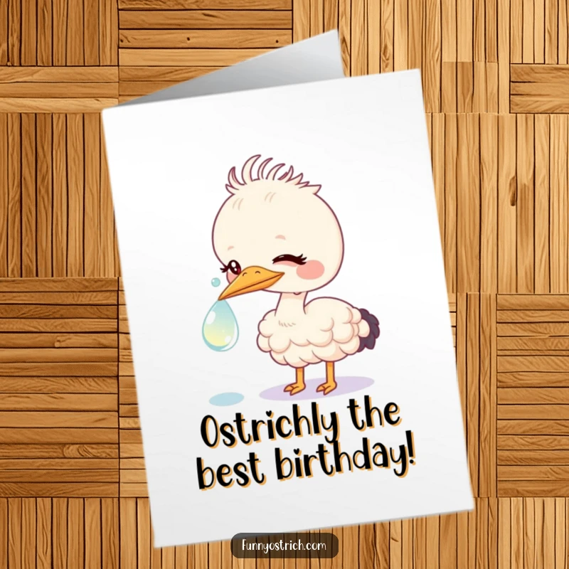 Funny Free Printable Birthday Card: Kawaii ostrich with beak nudging a giant sparkling dewdrop, wishing you a happy birthday.