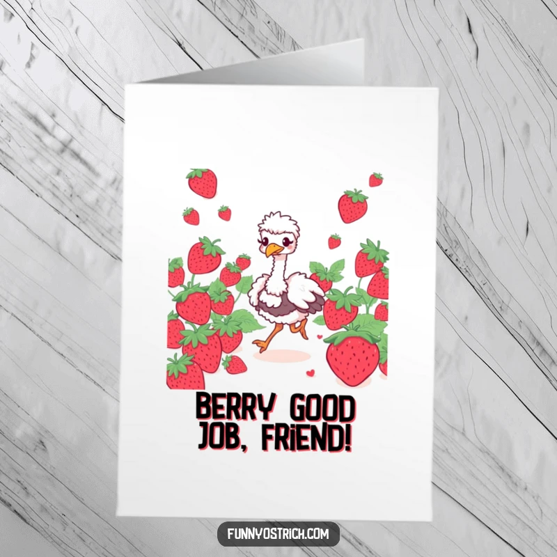 Funny Free Printable Congratulations Card: An ostrich with a giggling face prances amongst oversized strawberries.