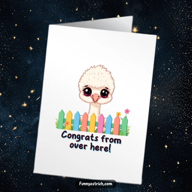 Funny Free Printable Congratulations Card: A fluffy ostrich with gleeful eyes peeking over a bright garden fence.