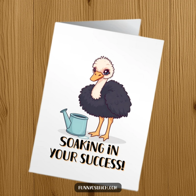 Funny Free Printable Congratulations Card: A curious ostrich comically dips its head into a big watering can.