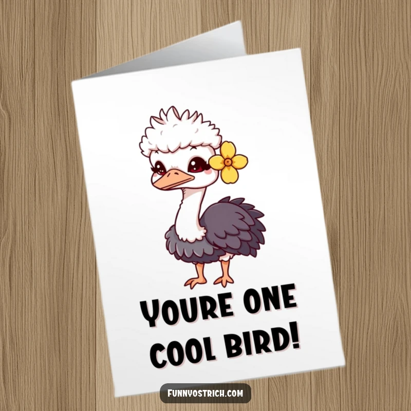 Funny Free Printable Congratulations Card: Charming kawaii ostrich with a flower behind its ear winks, celebrating their achievements.