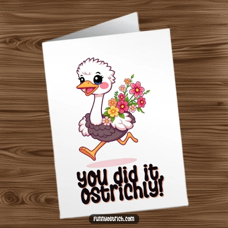 Funny Free Printable Congratulations Card: Adorable kawaii ostrich joyfully running with a colorful flower bouquet.