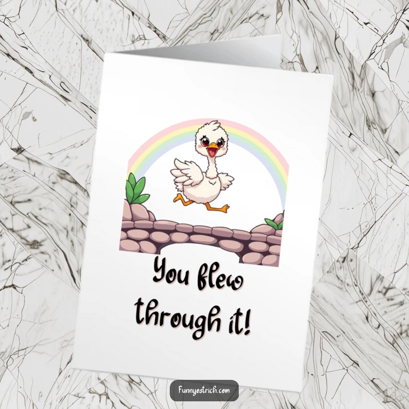 Funny Free Printable Congratulations Card: Ecstatic kawaii ostrich joyfully running across a rainbow bridge, celebrating big wins.