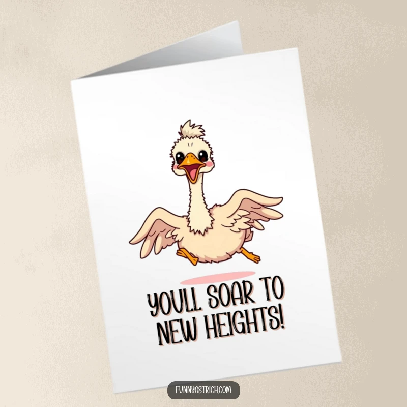Funny Free Printable Congratulations Card: Kawaii ostrich with comically small wings enthusiastically attempting to fly to celebrate.