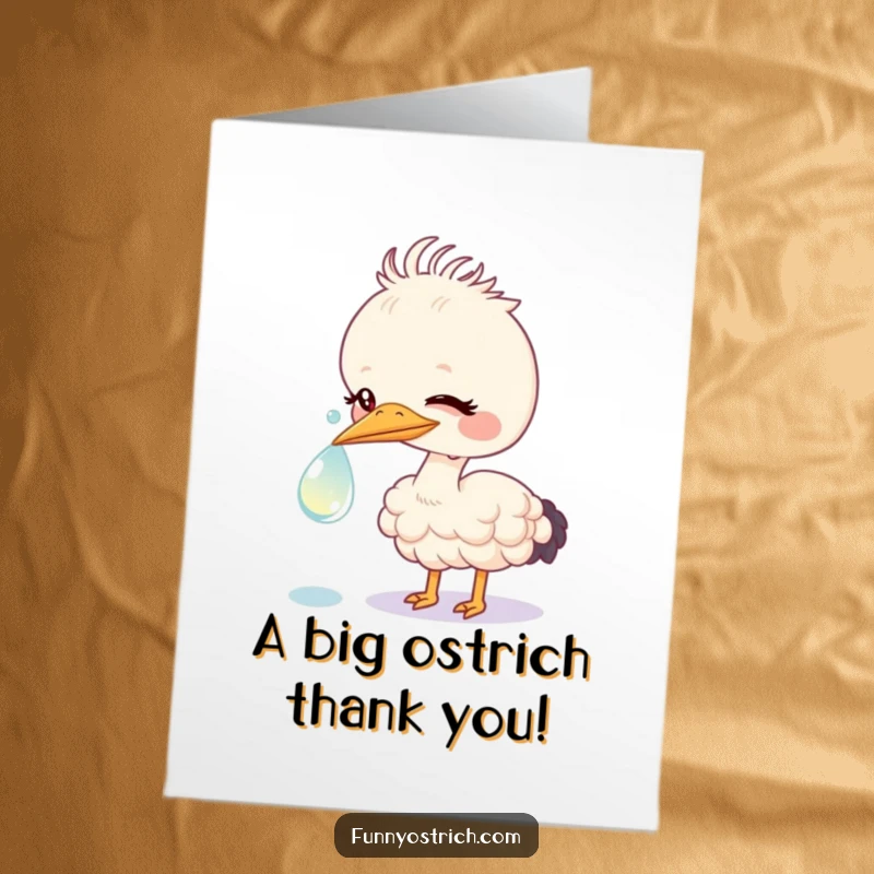 Funny Free Printable Thank You Card: Sweet kawaii ostrich pecking a huge, glistening dewdrop to say thanks.