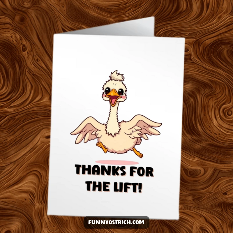 Funny Free Printable Thank You Card: Kawaii ostrich flapping tiny wings with all its might, sending thanks.