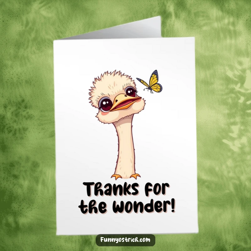 Funny Free Printable Thank You Card: Curious kawaii ostrich tilting its head, observing a fluttering butterfly, a thank you for noticing.