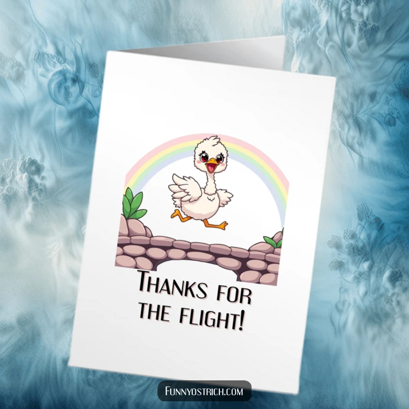 Funny Free Printable Thank You Card: Happy kawaii ostrich gleefully runs across a rainbow bridge, a thank you full of color.