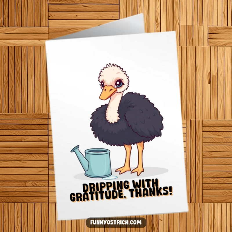 Funny Free Printable Thank You Card: A curious ostrich humorously dips its head into a large watering can.
