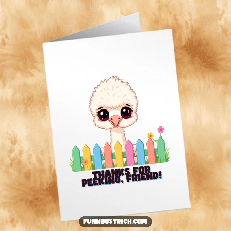 Funny Free Printable Thank You Card: A fluffy ostrich with innocent eyes peeking over a colorful garden fence.