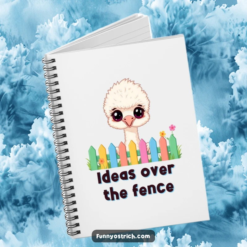 Funny fluffy ostrich notebook, with wide, happy eyes peeking over a colorful garden fence on the cover, ideal for notes.