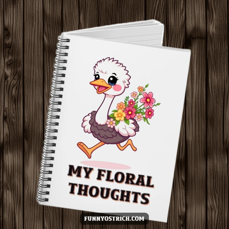 Funny kawaii ostrich notebook, with a smiling ostrich running with flowers on the cover, ideal for notes.
