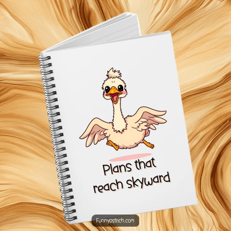 Funny kawaii ostrich comically trying to fly with tiny outstretched wings, on the cover of a quirky notebook.