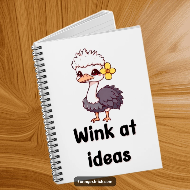 Funny kawaii ostrich notebook cover featuring a charming ostrich with a flower behind its ear and a playful wink.
