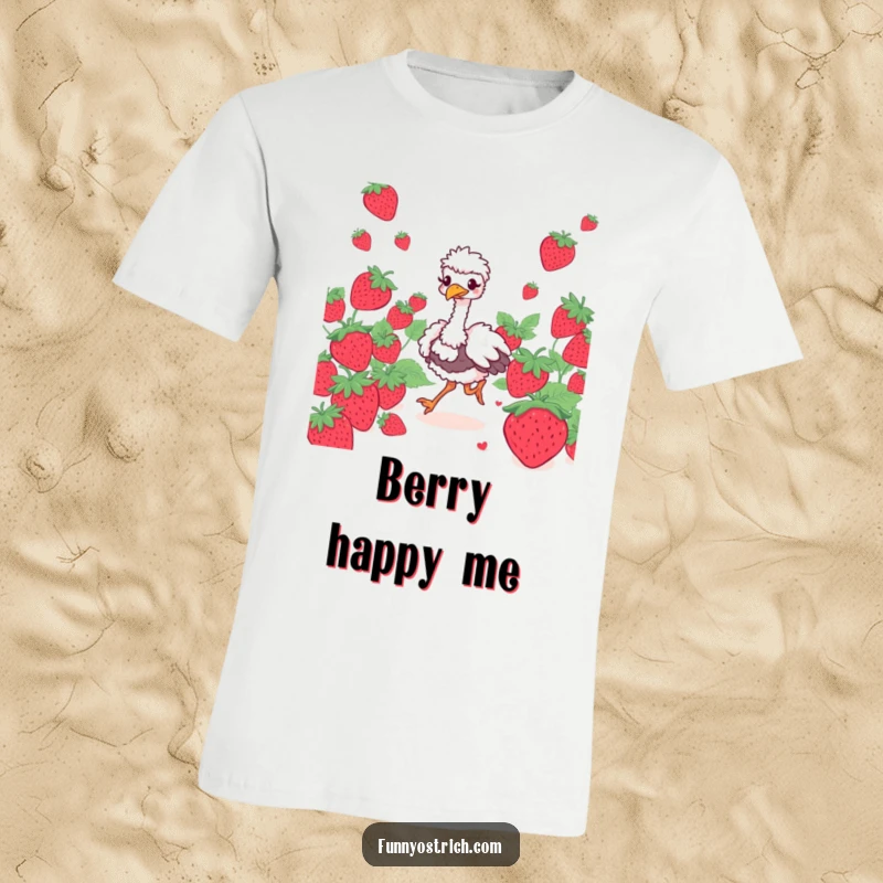 Funny ostrich character with a giggling expression prancing through a field of oversized strawberries, printed on a t-shirt.
