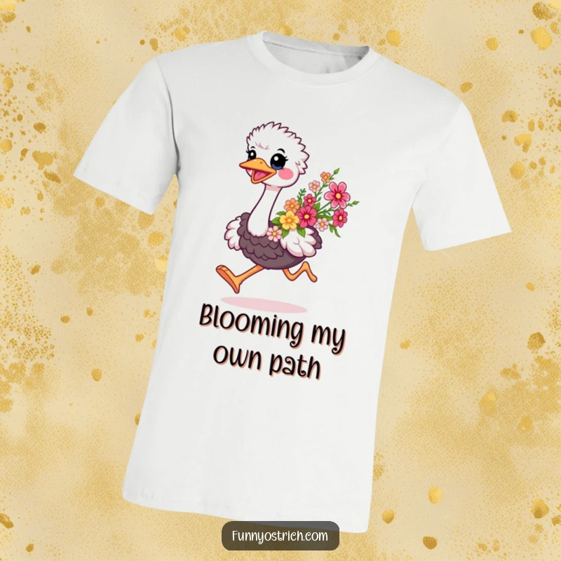 Funny kawaii ostrich, smiling and running with a bouquet of flowers, printed on a comfortable t-shirt for humorous appeal.