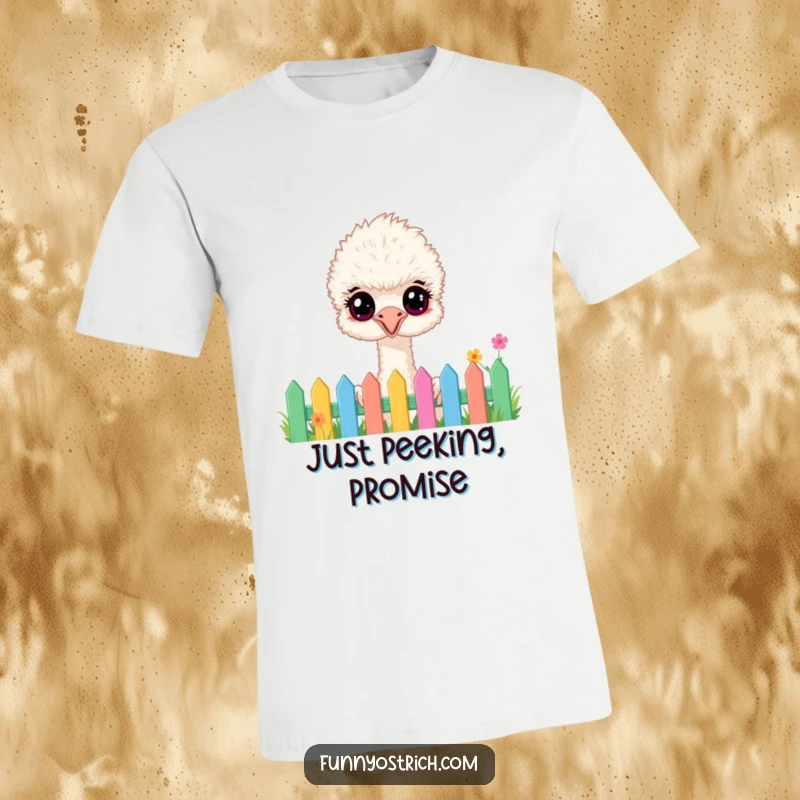 Funny fluffy ostrich with wide, happy eyes peeking over a colorful garden fence, printed on a comfortable t-shirt.