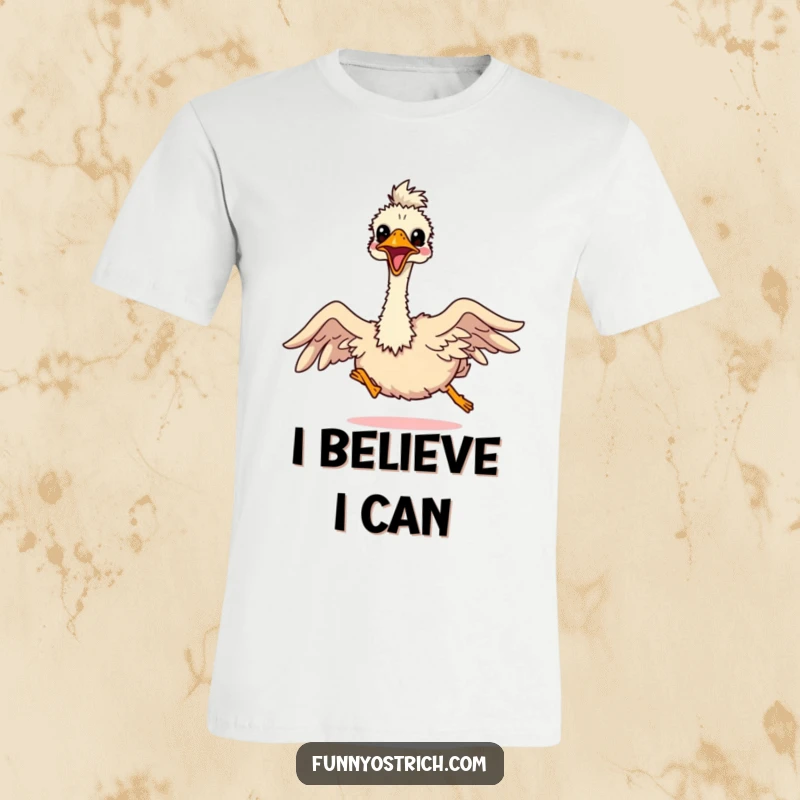 Energetic kawaii ostrich comically flapping tiny outstretched wings, trying to fly, printed on a funny graphic tee.