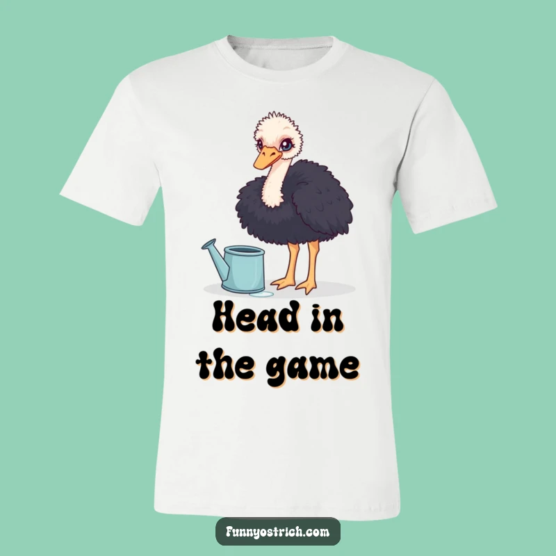 Funny Curious Ostrich T-Shirt: Watering Can Splash, Hilarious Style!