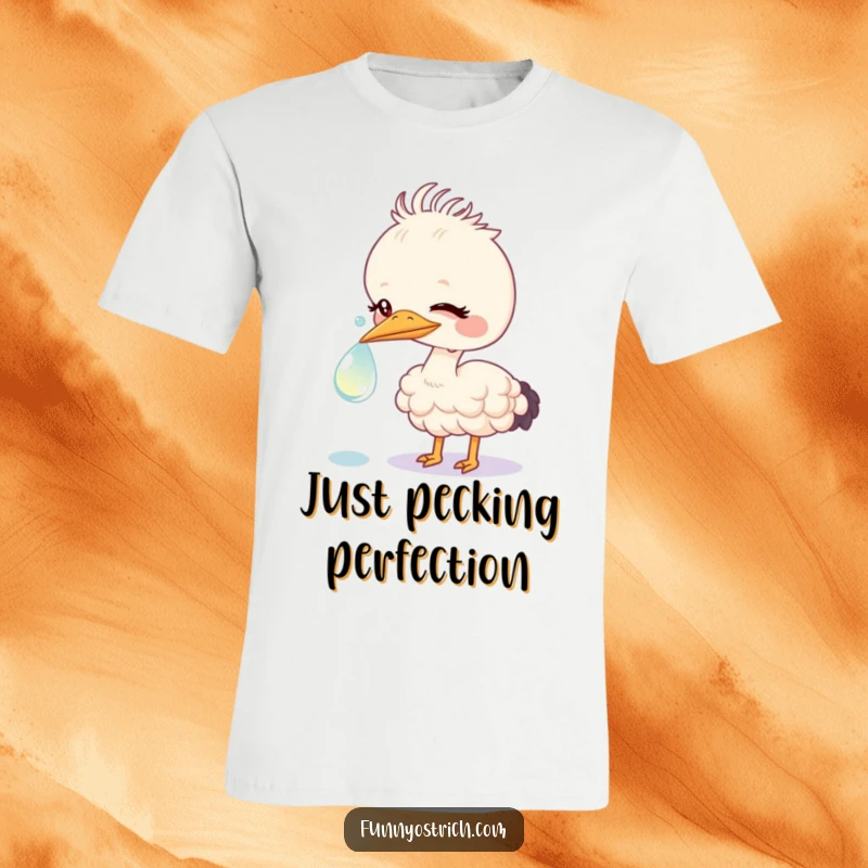 Funny kawaii ostrich gently nudging a giant, sparkling dewdrop with its beak on a soft graphic tee.
