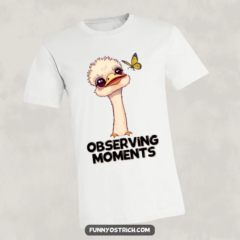 Funny kawaii ostrich T-shirt depicting a curious ostrich tilting its head to observe a delicate fluttering butterfly.