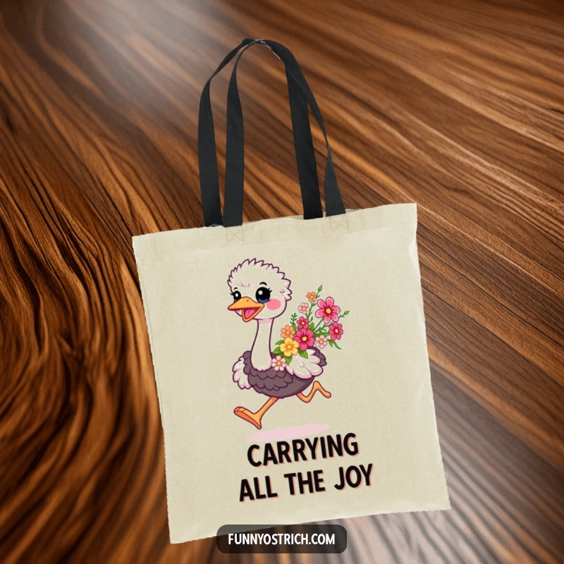 Funny kawaii ostrich with a bright smile, running with a bouquet of flowers on a durable tote bag, great for shopping.