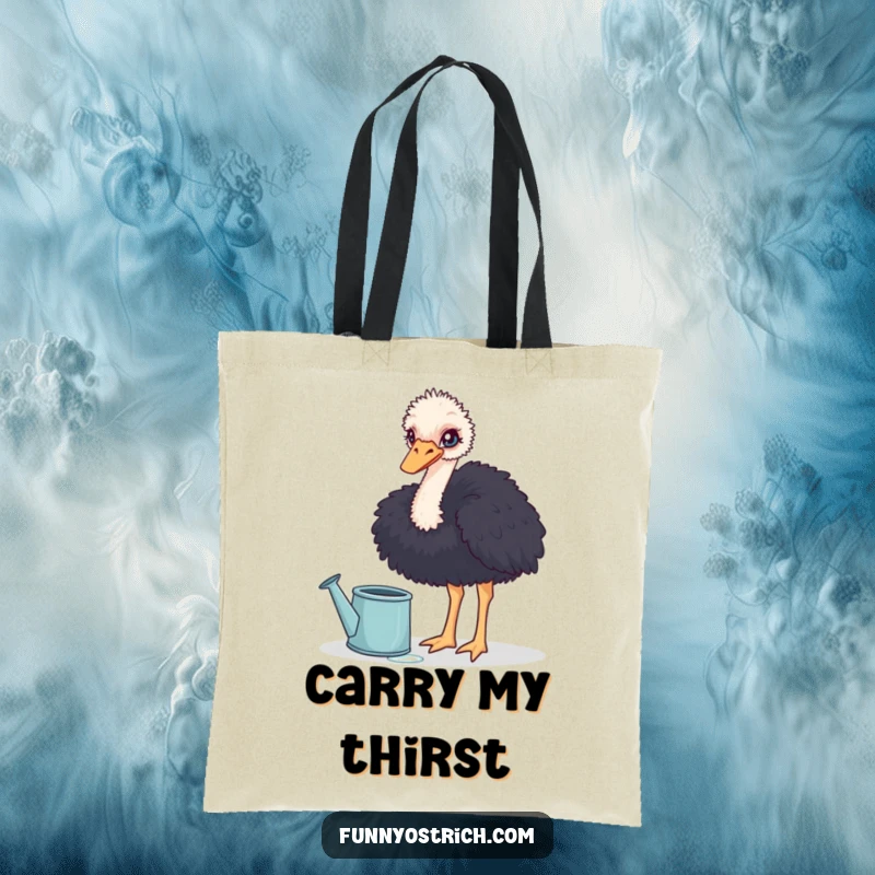 Funny curious ostrich dipping its head into a large watering can on a durable tote bag, great for carrying items.