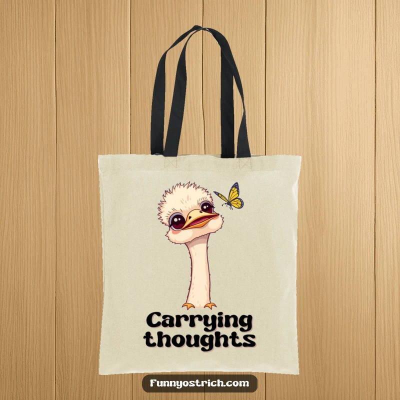 Funny kawaii ostrich tote bag with a curious ostrich tilting its head, observing a fluttering butterfly.