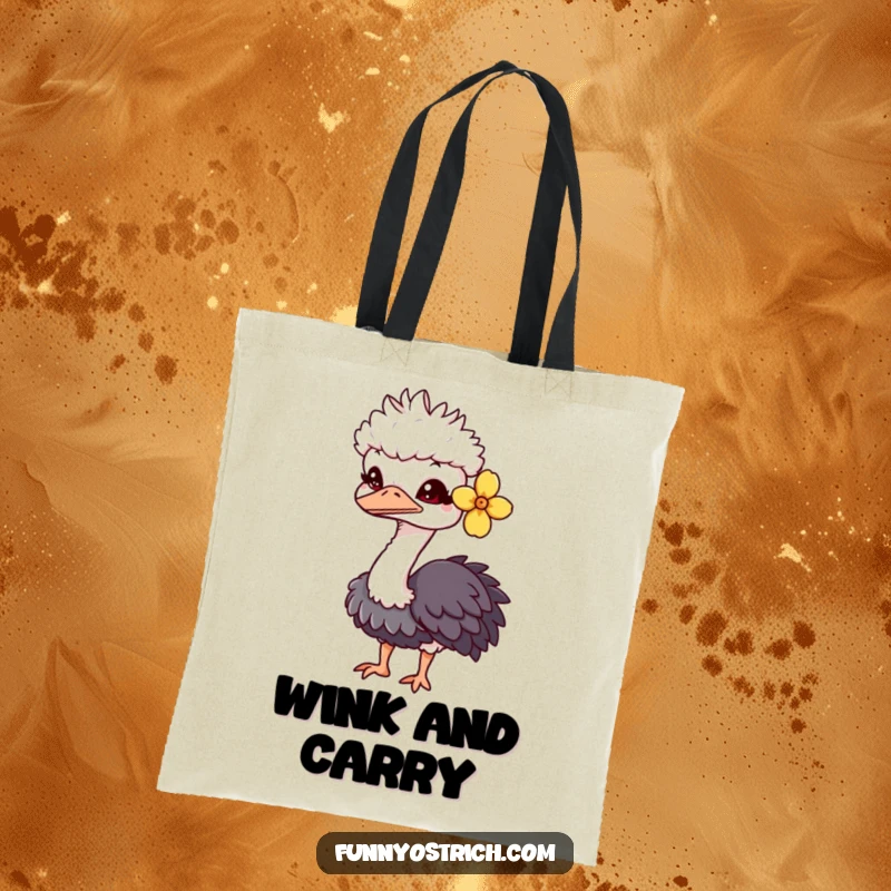 Funny kawaii ostrich tote bag with a charming ostrich, flower behind its ear, and a playful wink.