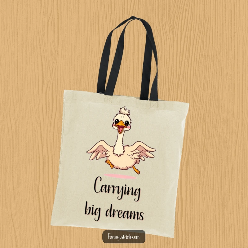Funny kawaii ostrich comically attempting to fly with tiny, outstretched wings, printed on a durable tote bag.