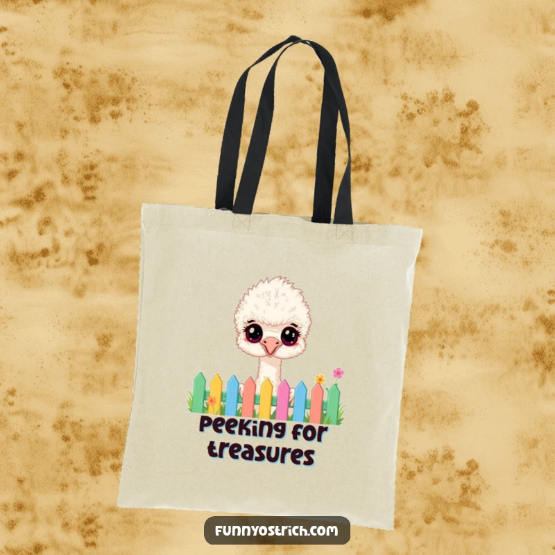 Funny fluffy ostrich with wide, happy eyes peeking over a colorful garden fence on a durable tote bag, great for shopping.